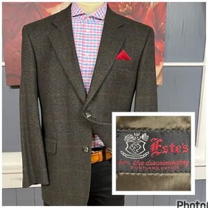 Vintage Estes Blazer Mens 42R Wool Green/Black/Blue/Brown Ventless Shoulder Pads